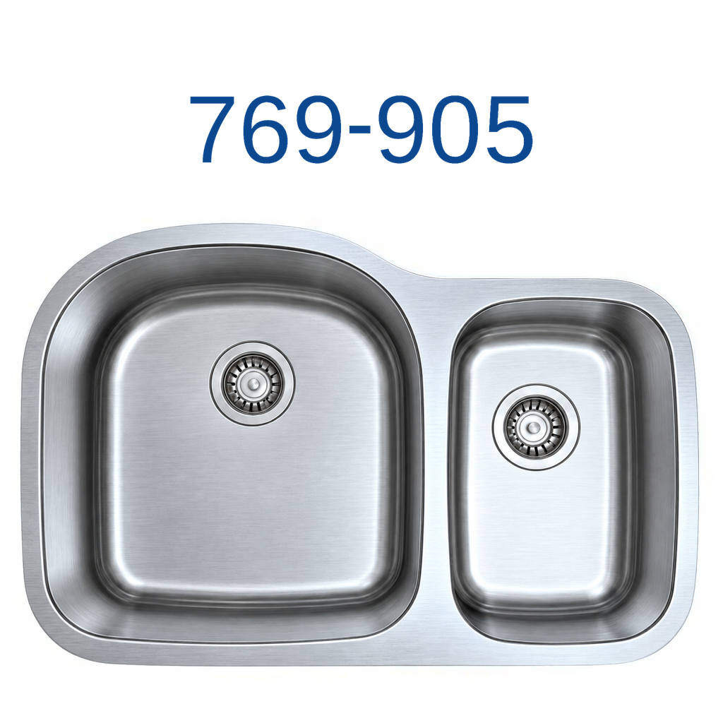 [769-905] 31-1/2" x 20-1/2" x 9" Depth. Double Bowl (70/30). Bowl Satin, Rim Polish finish. - 769-905