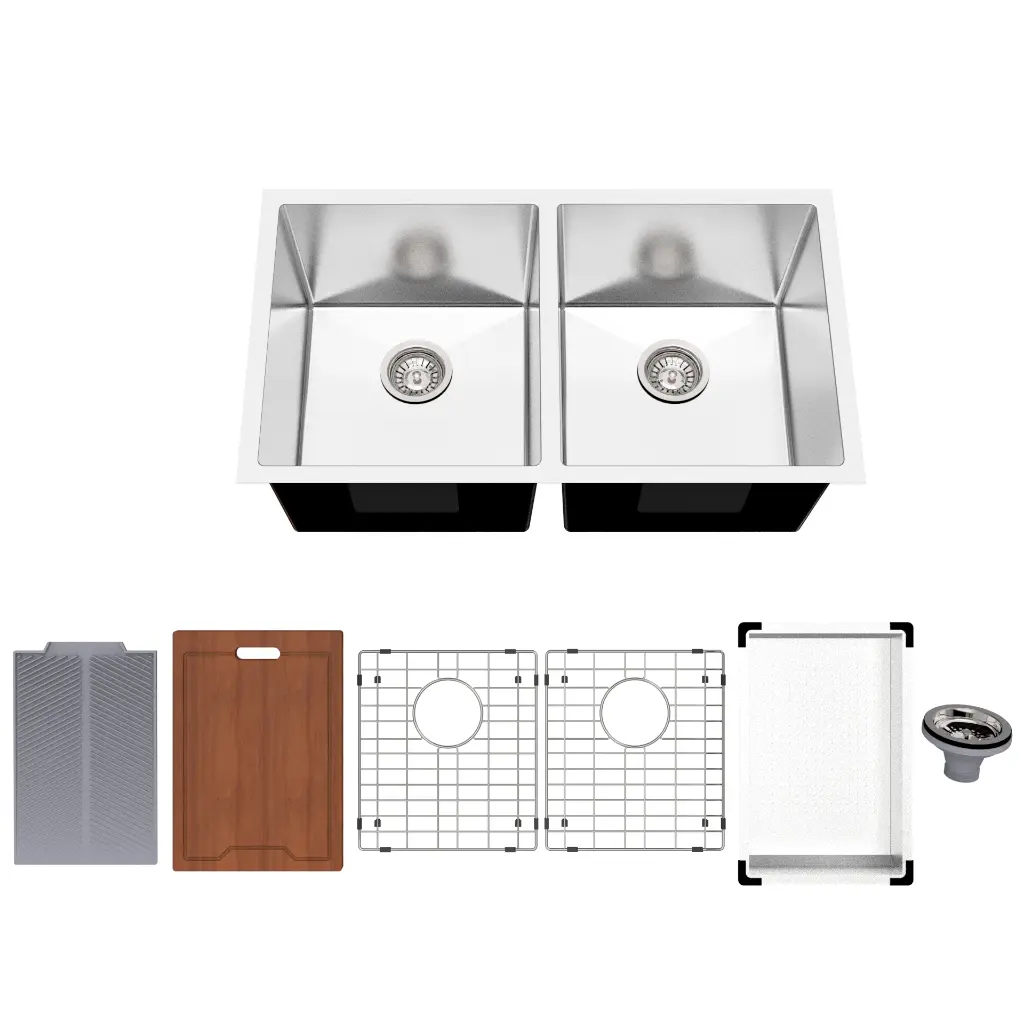 [HA127-R10] Elegant-DoubleBowl,16gauge,RoundCorner - SatinFinish: 33"x19"x10" w/ GRIDS